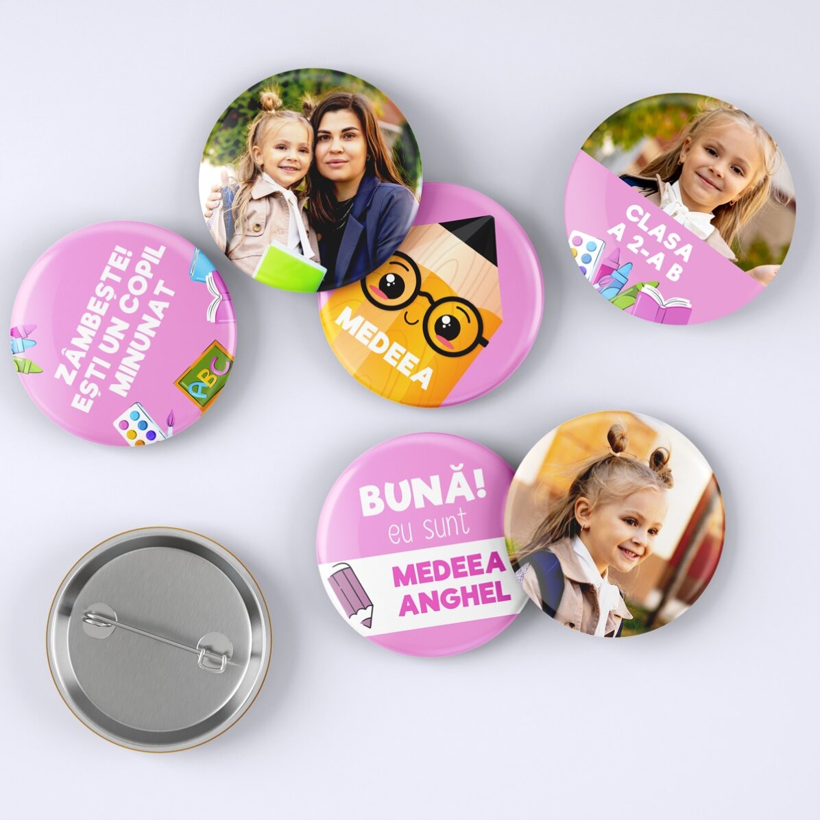 Set of 6 personalised badges with photos and message - Back to School