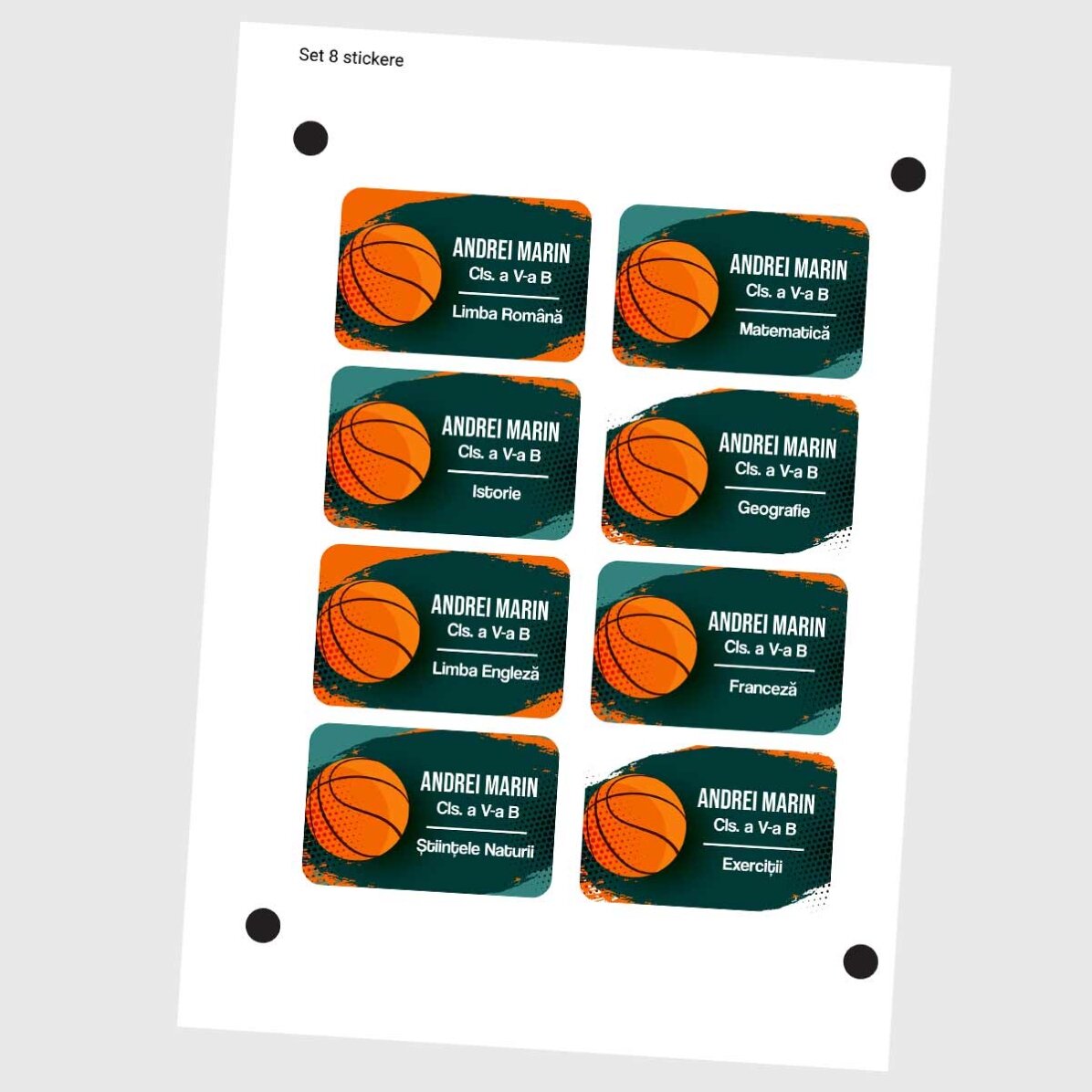 Set of 8 customised stickers (self-adhesive labels) for school - Basketball