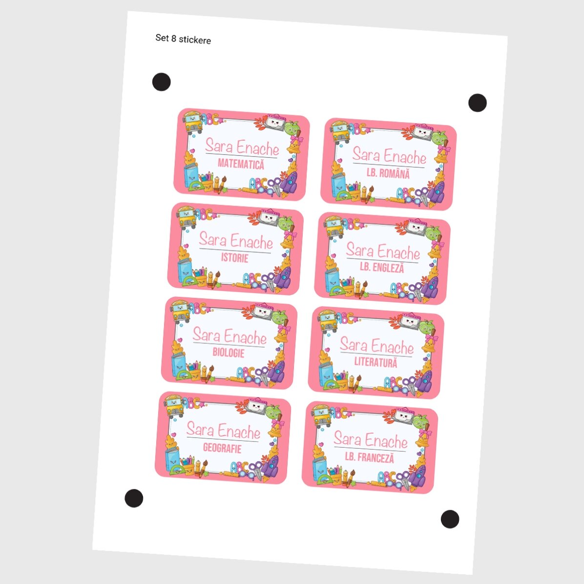 Set of 8 customised stickers (self-adhesive labels) for school with text - Back to school