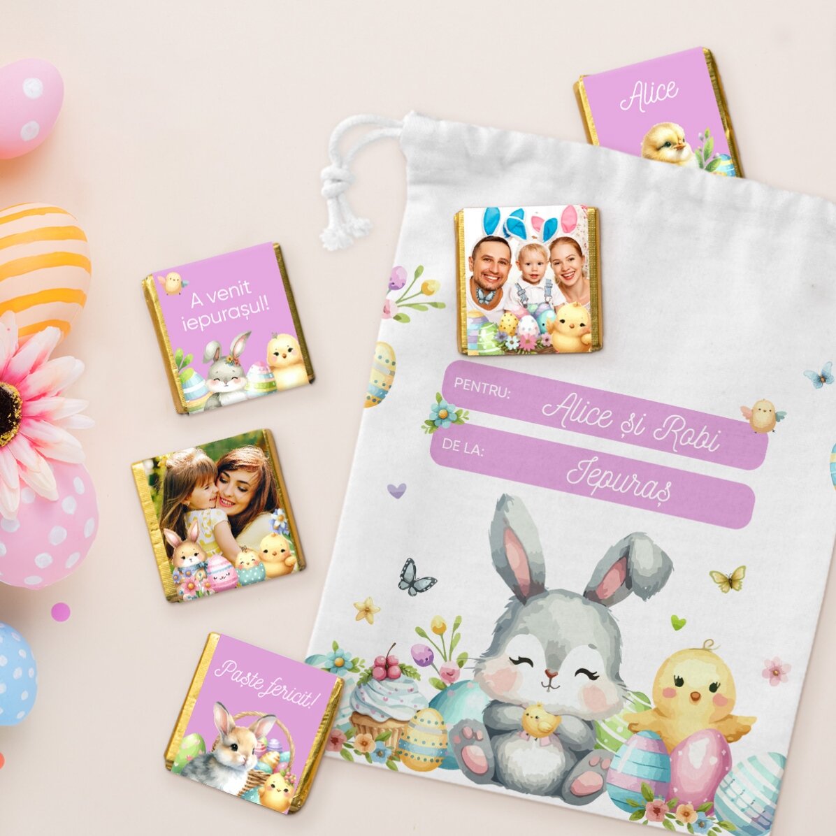 Personalised set - bag and 5 mini chocolates - From the Easter Bunny