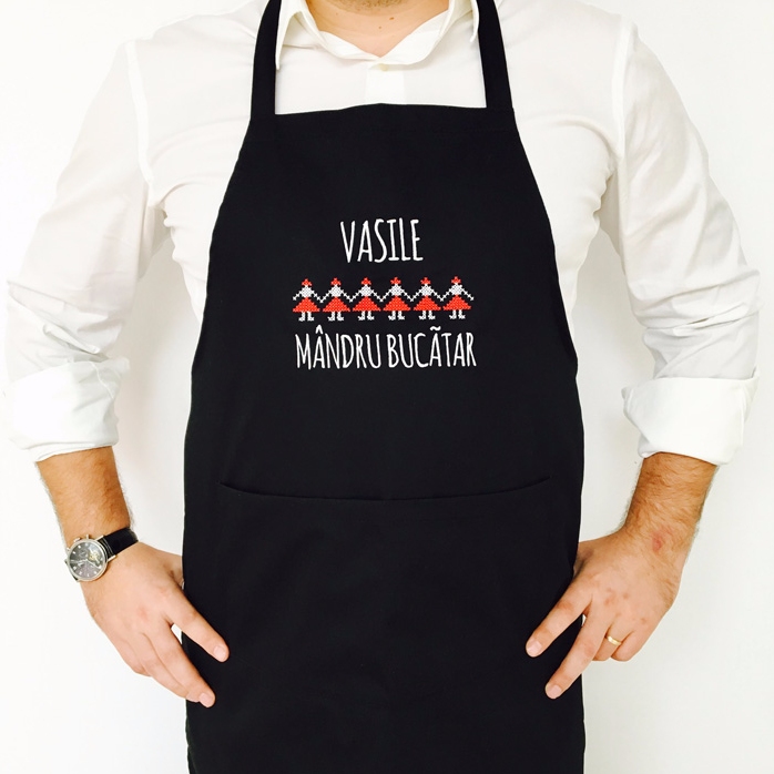 Customised apron with traditional embroidery on black