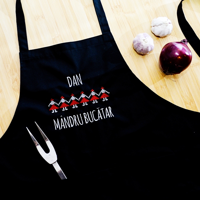 Customised apron with traditional embroidery on black