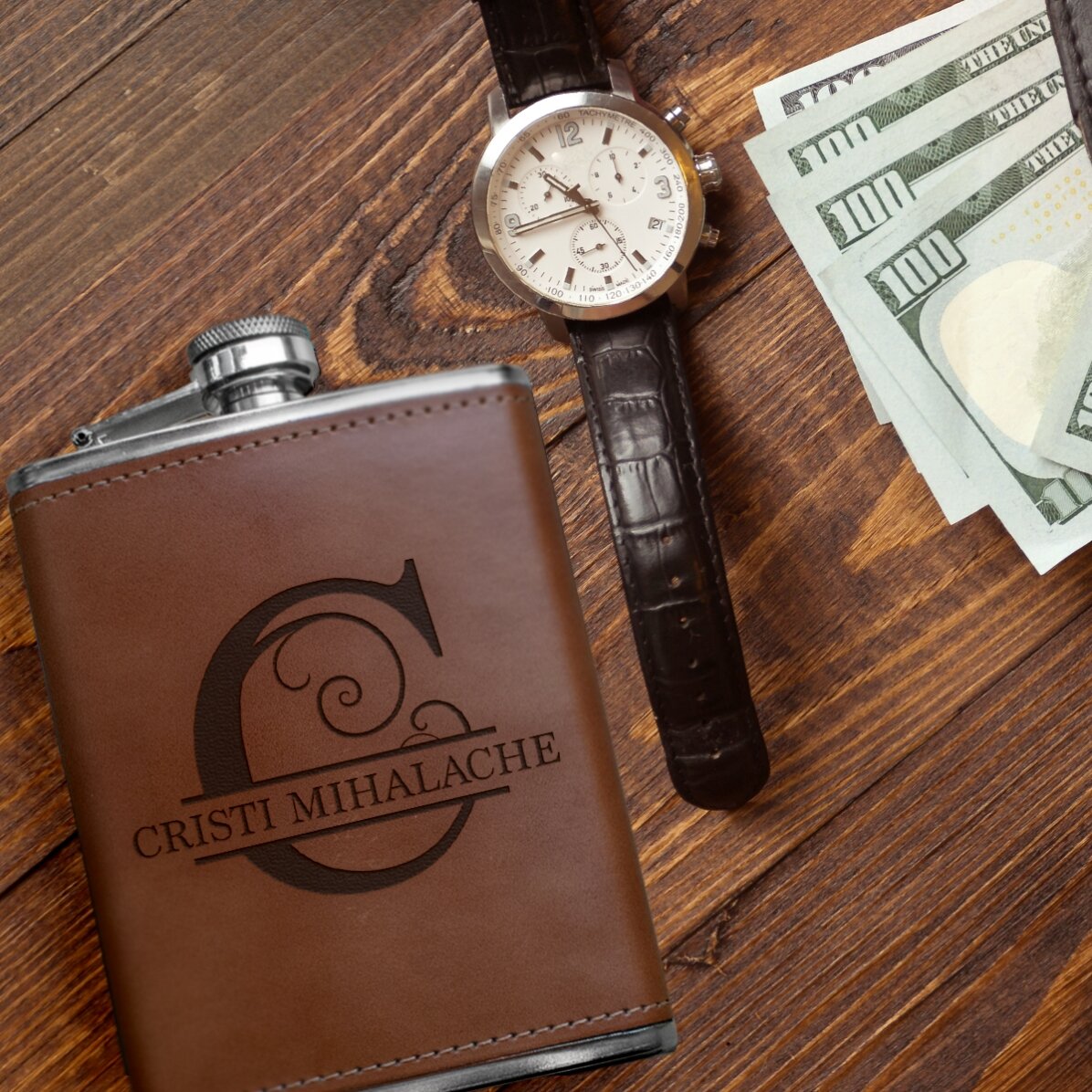 Pocket flask covered in leather, personalised with monogram and name