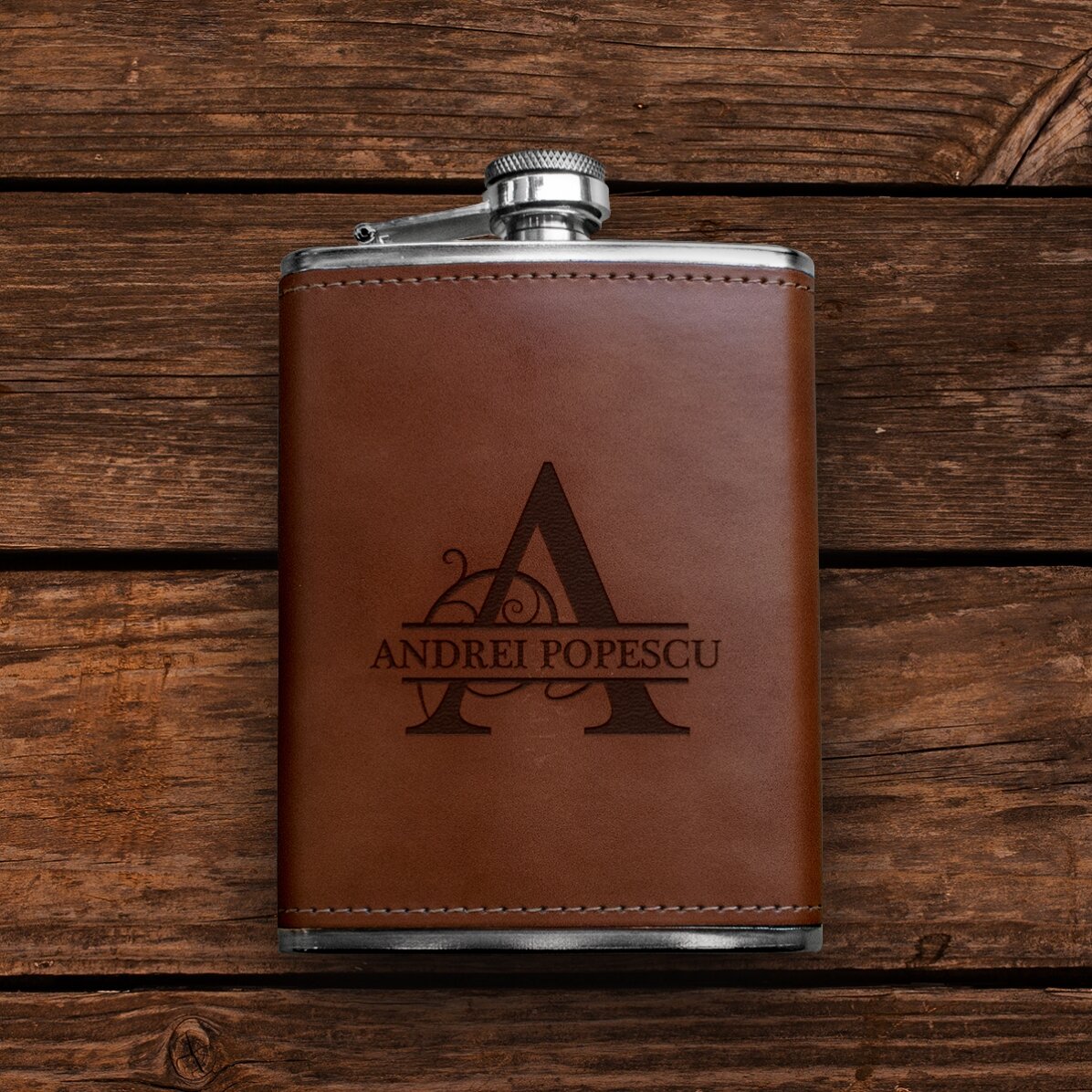 Pocket flask covered in leather, personalised with monogram and name