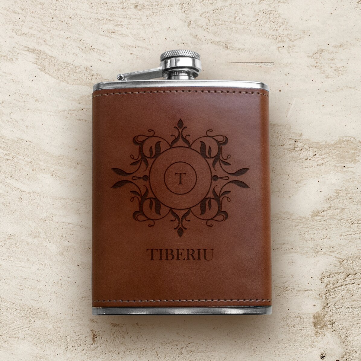 Personalised leather-covered pocket flask - Monogram