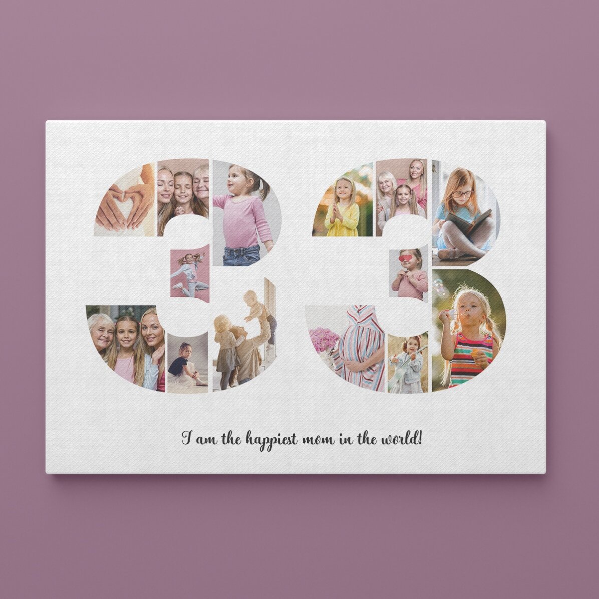 Personalised landscape canvas with 14 photos, model number 33, and text message