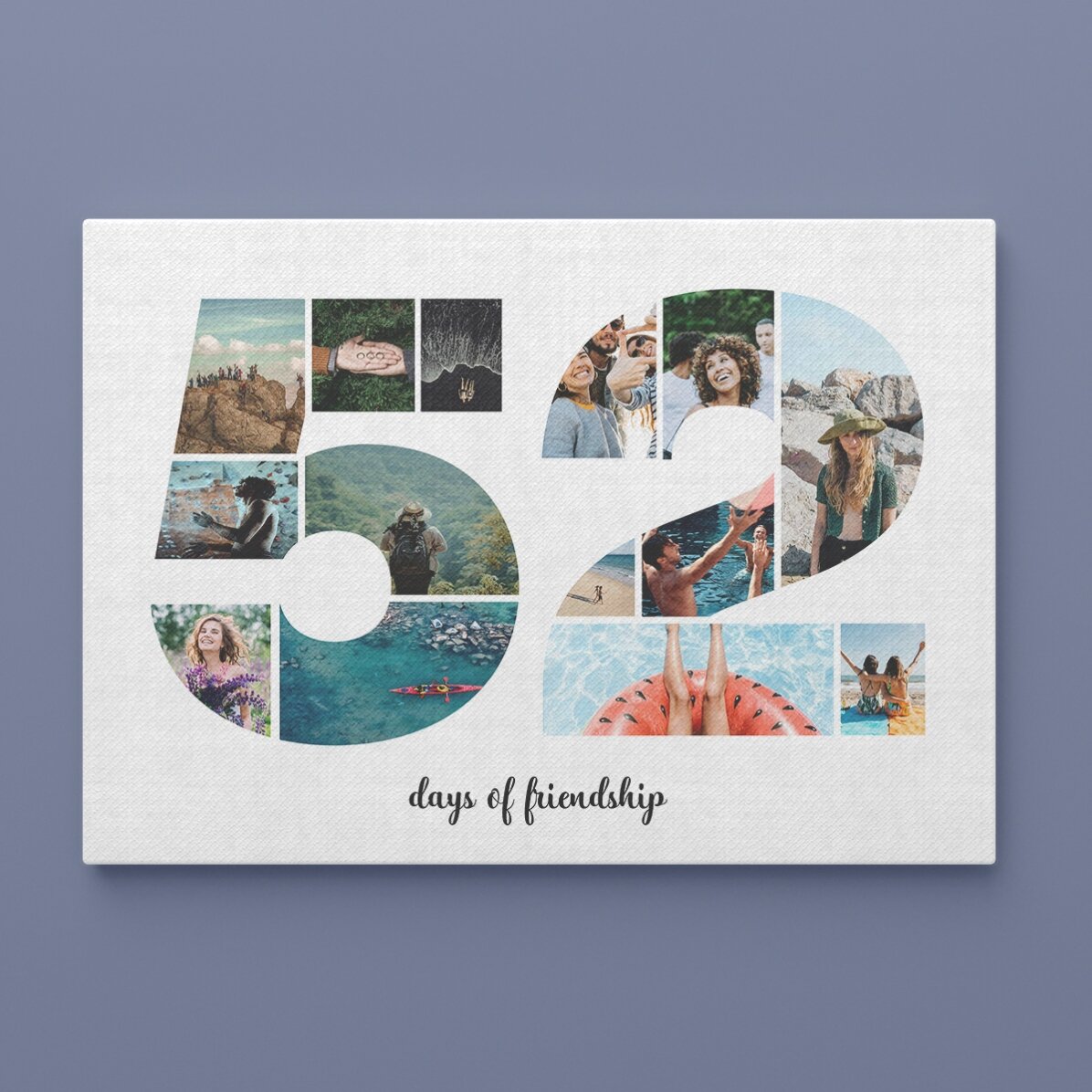 Personalised landscape canvas with 14 photos, model number 52, and text message