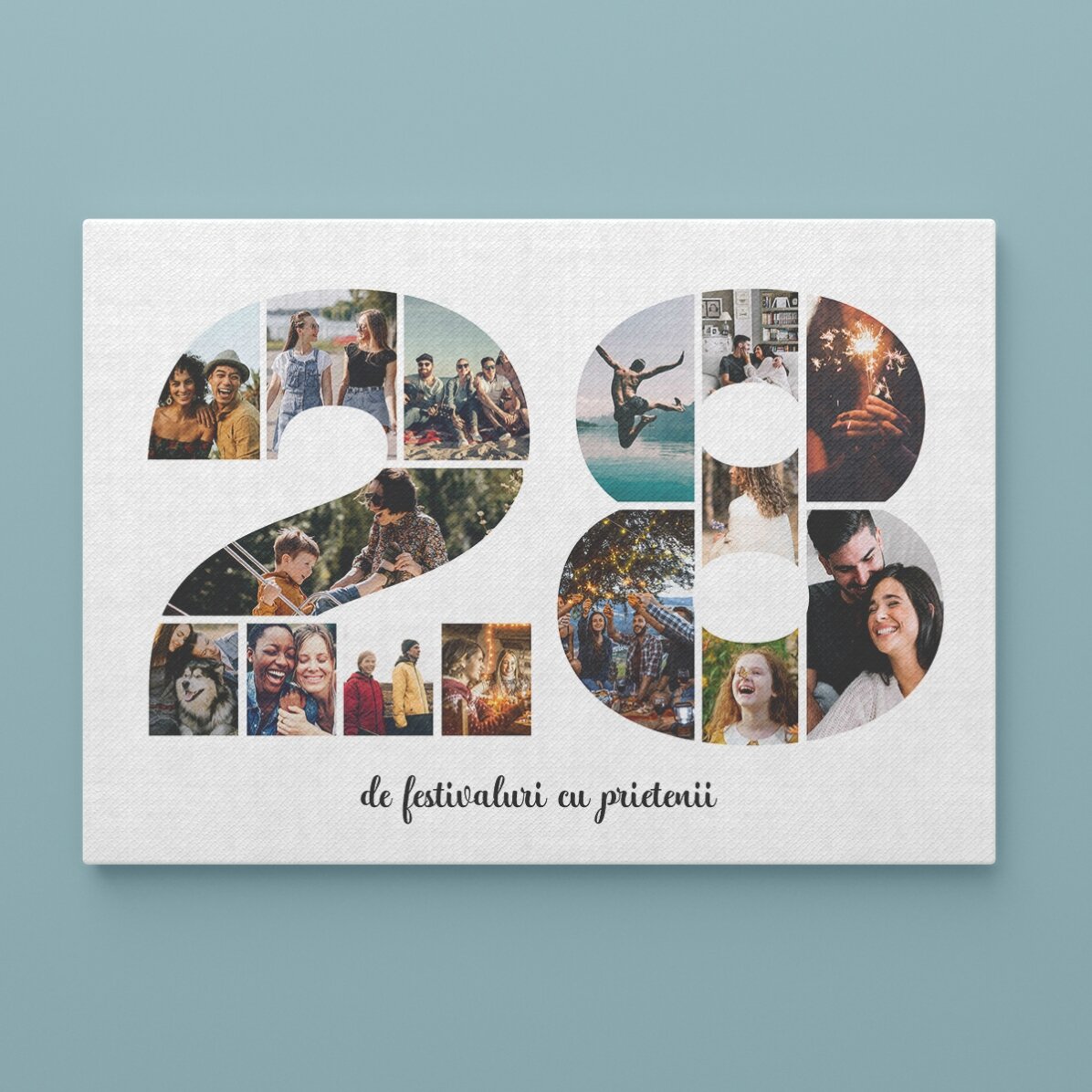 Personalised landscape canvas with 15 photos, model number 28, and text message