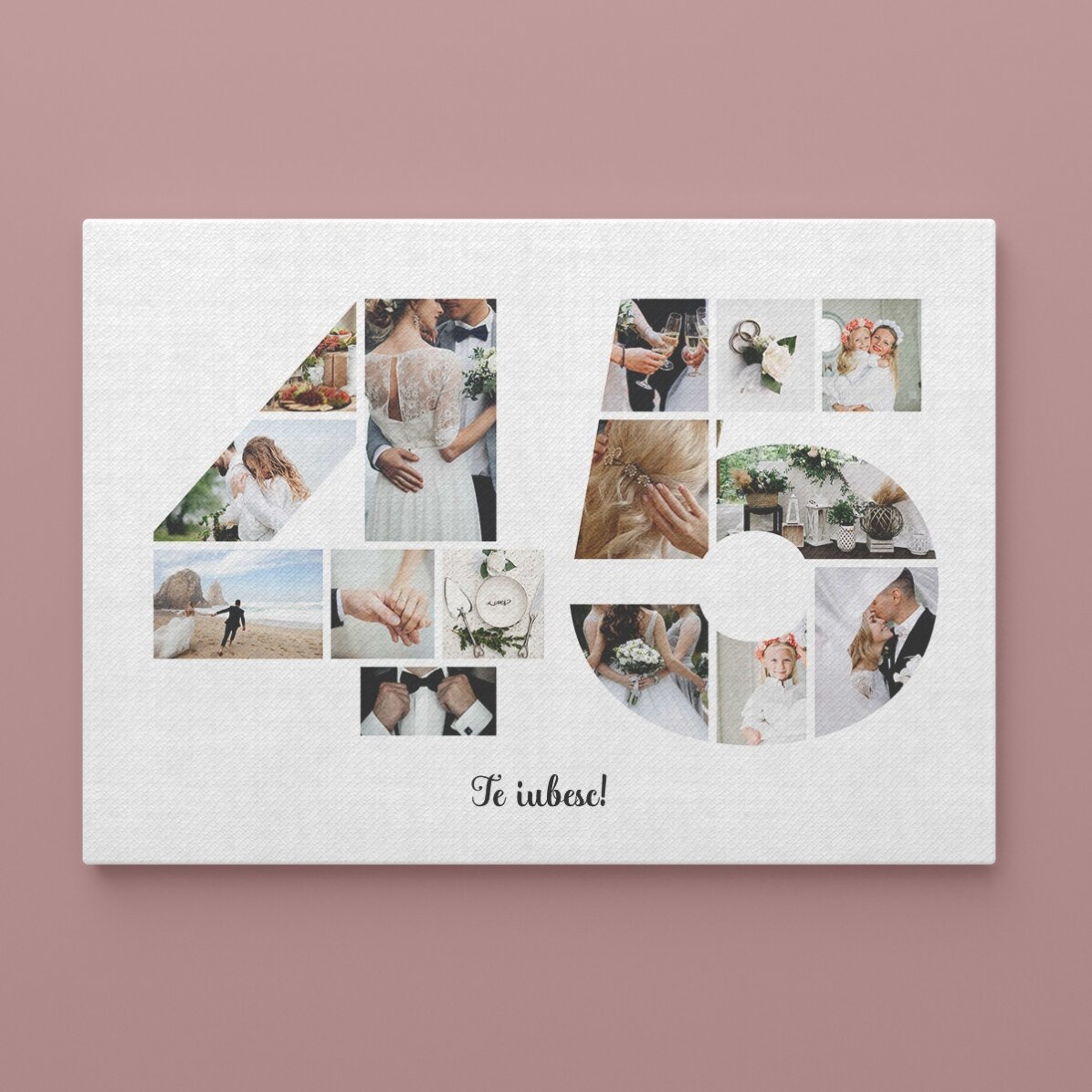 Personalised landscape canvas with 15 photos, model number 45, and text message
