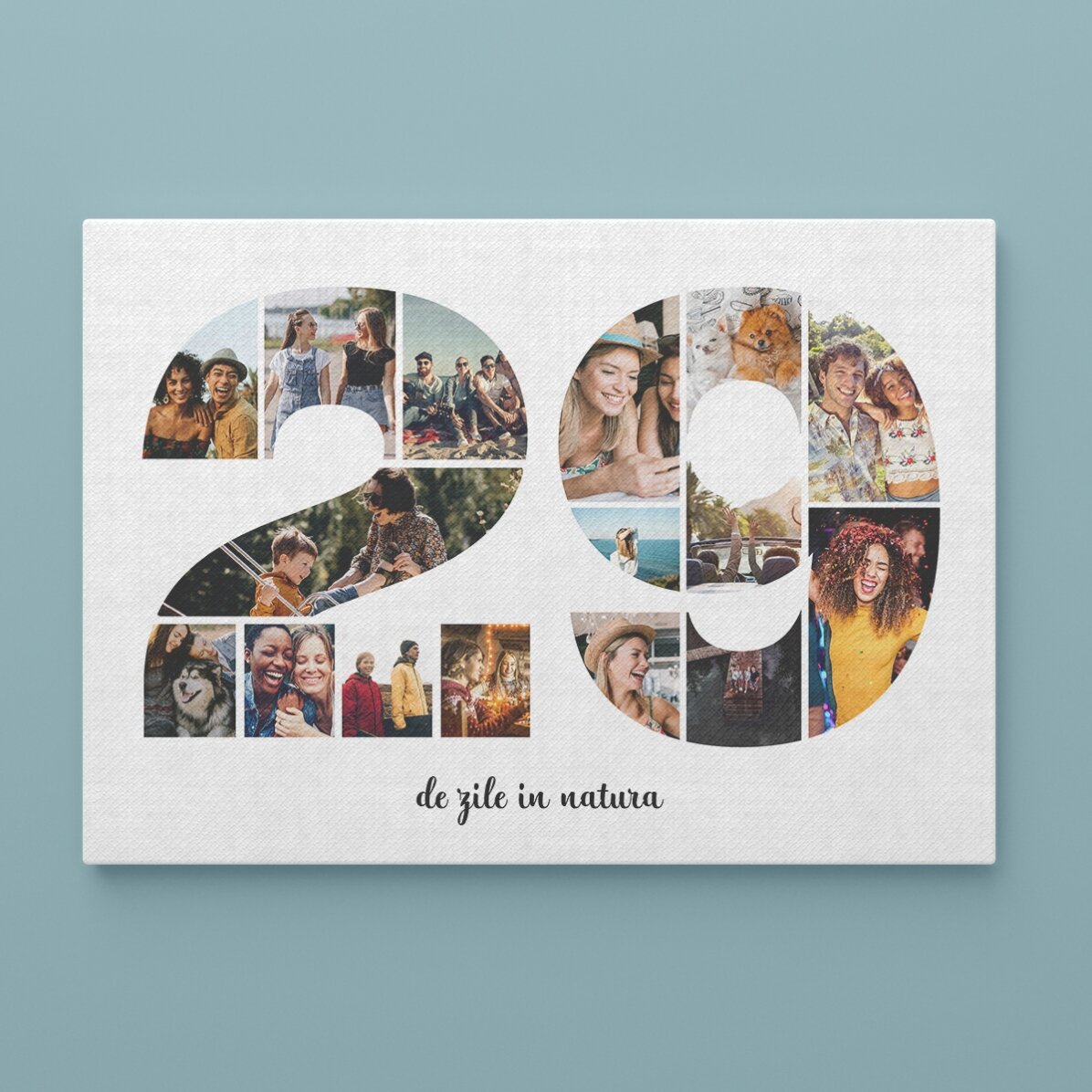 Personalised landscape canvas with 16 photos, model number 29, and text message