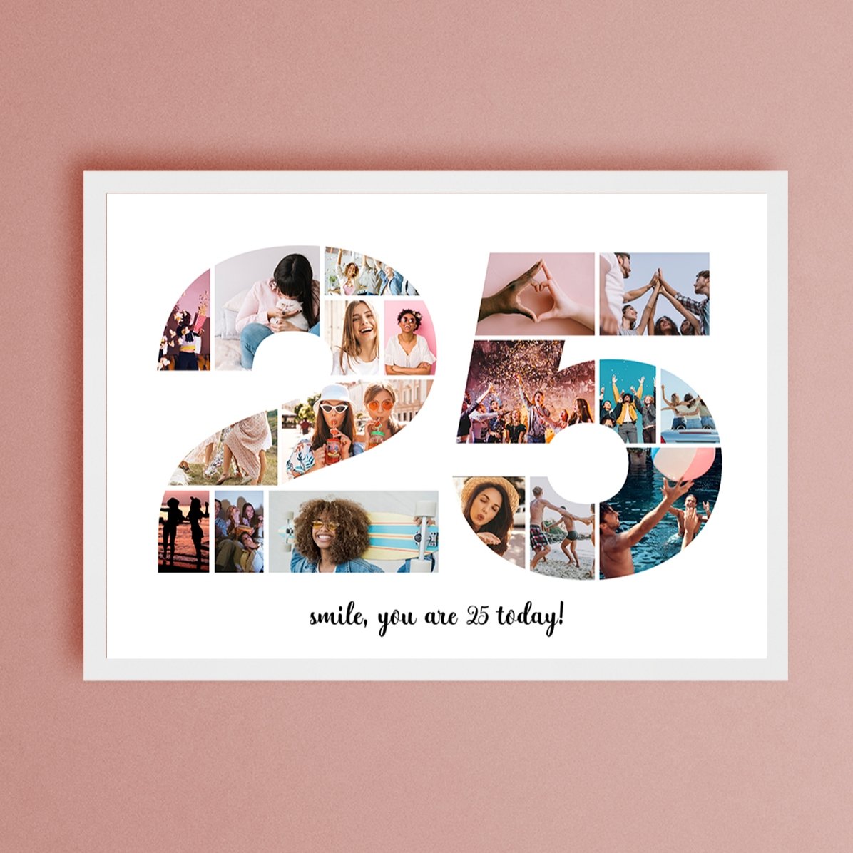 Personalised landscape canvas with 18 photos, model number 25, and text message
