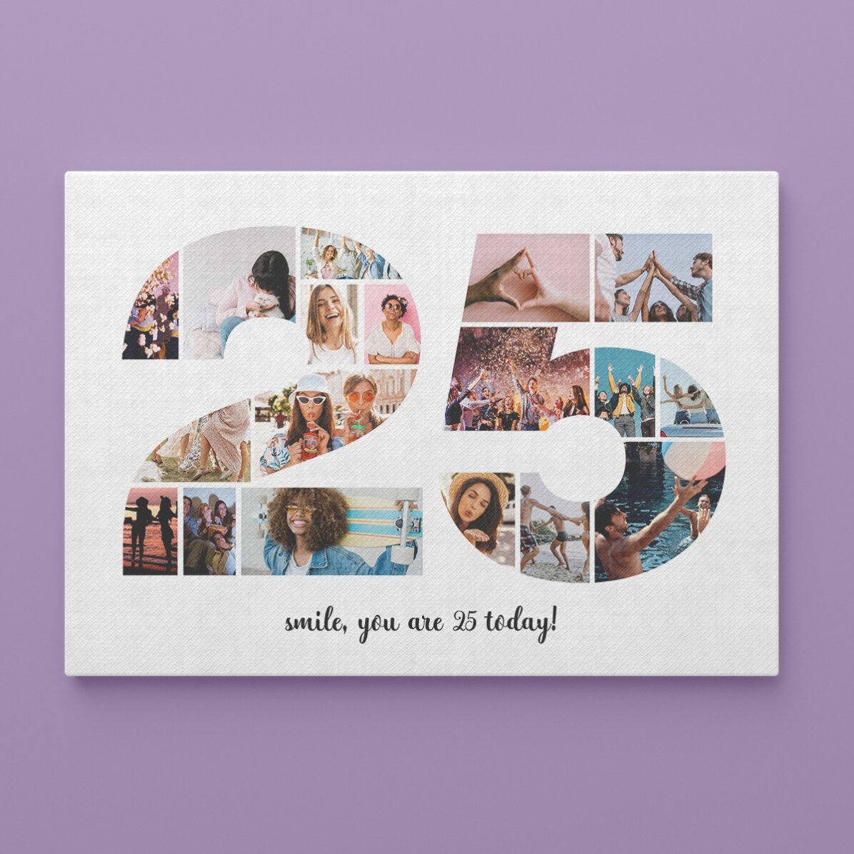 Personalised landscape canvas with 18 photos, model number 25, and text message