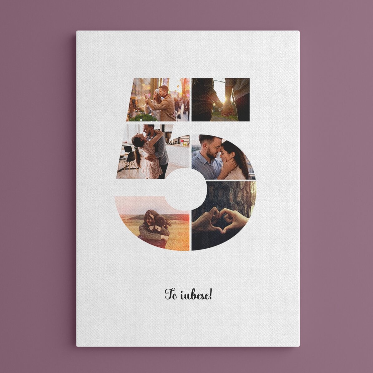 Personalised canvas with 6 photos, model number 5, and text message