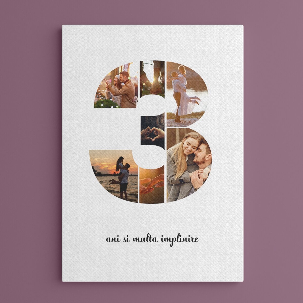 Personalised canvas with 7 photos, model number 3, and text message