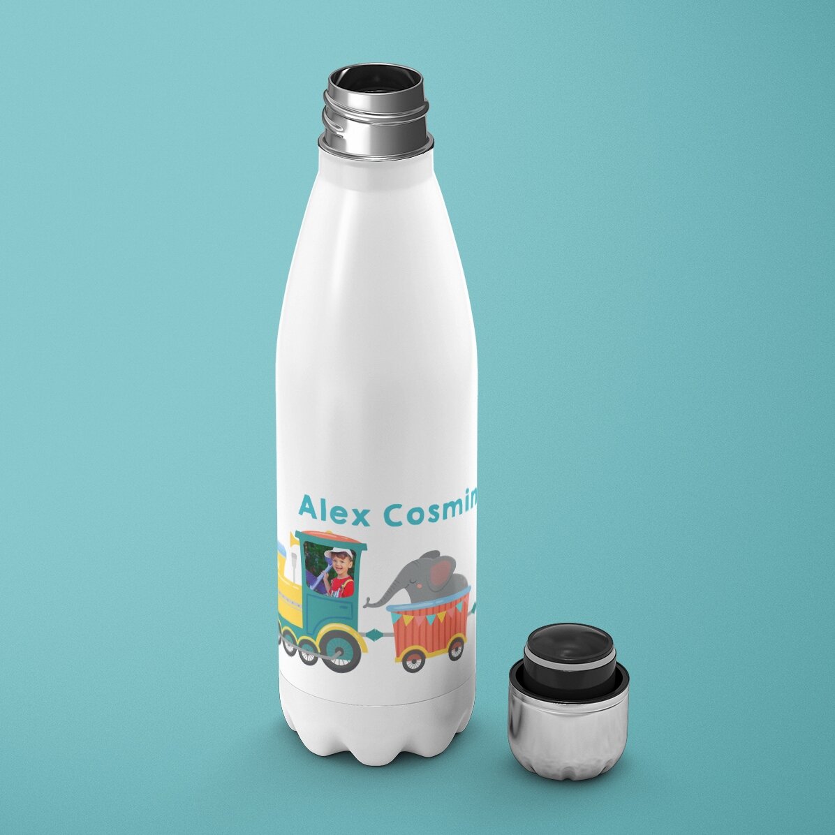 Thermos with white base personalised with name - Train