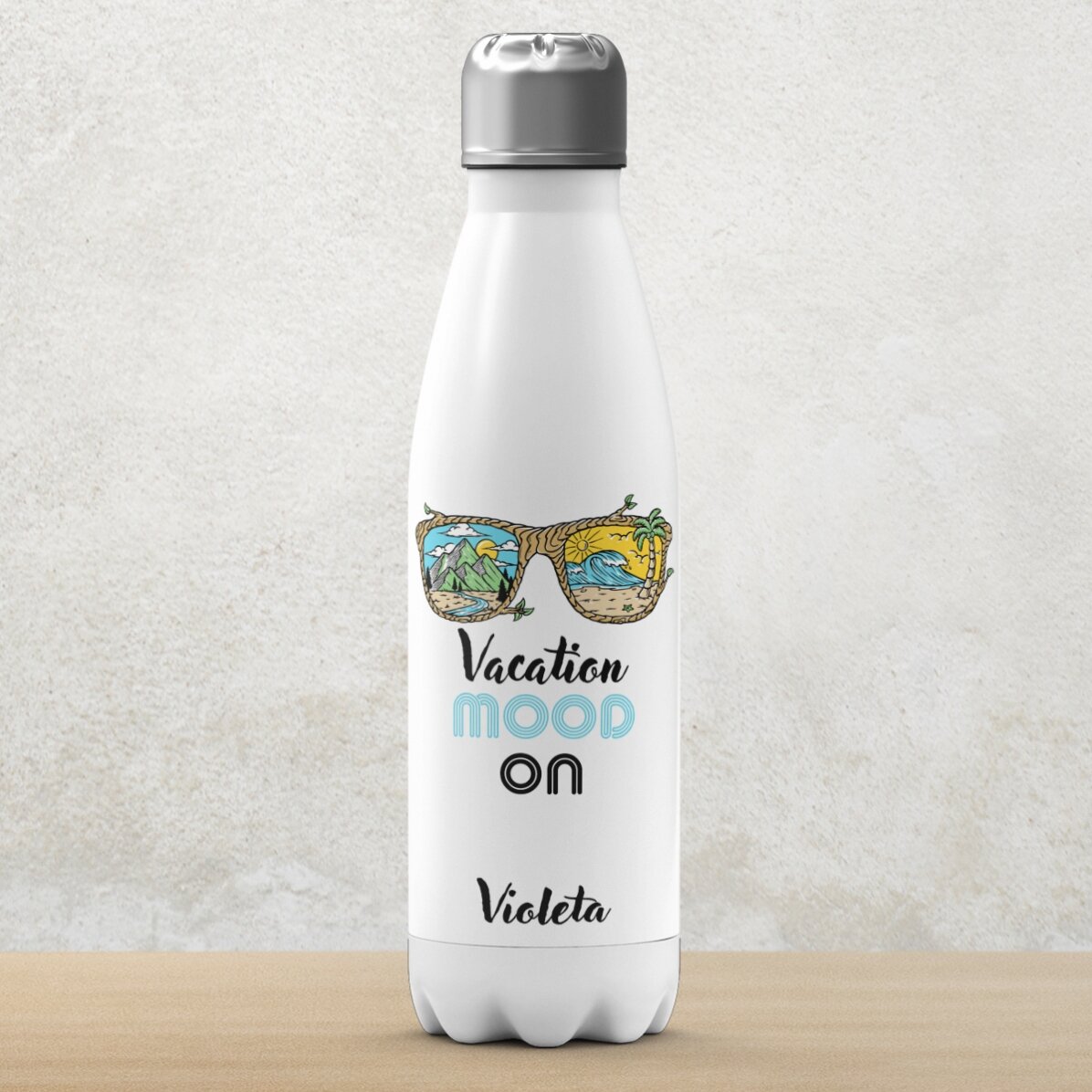 Thermos with white base personalised with name - Vacation mood ON