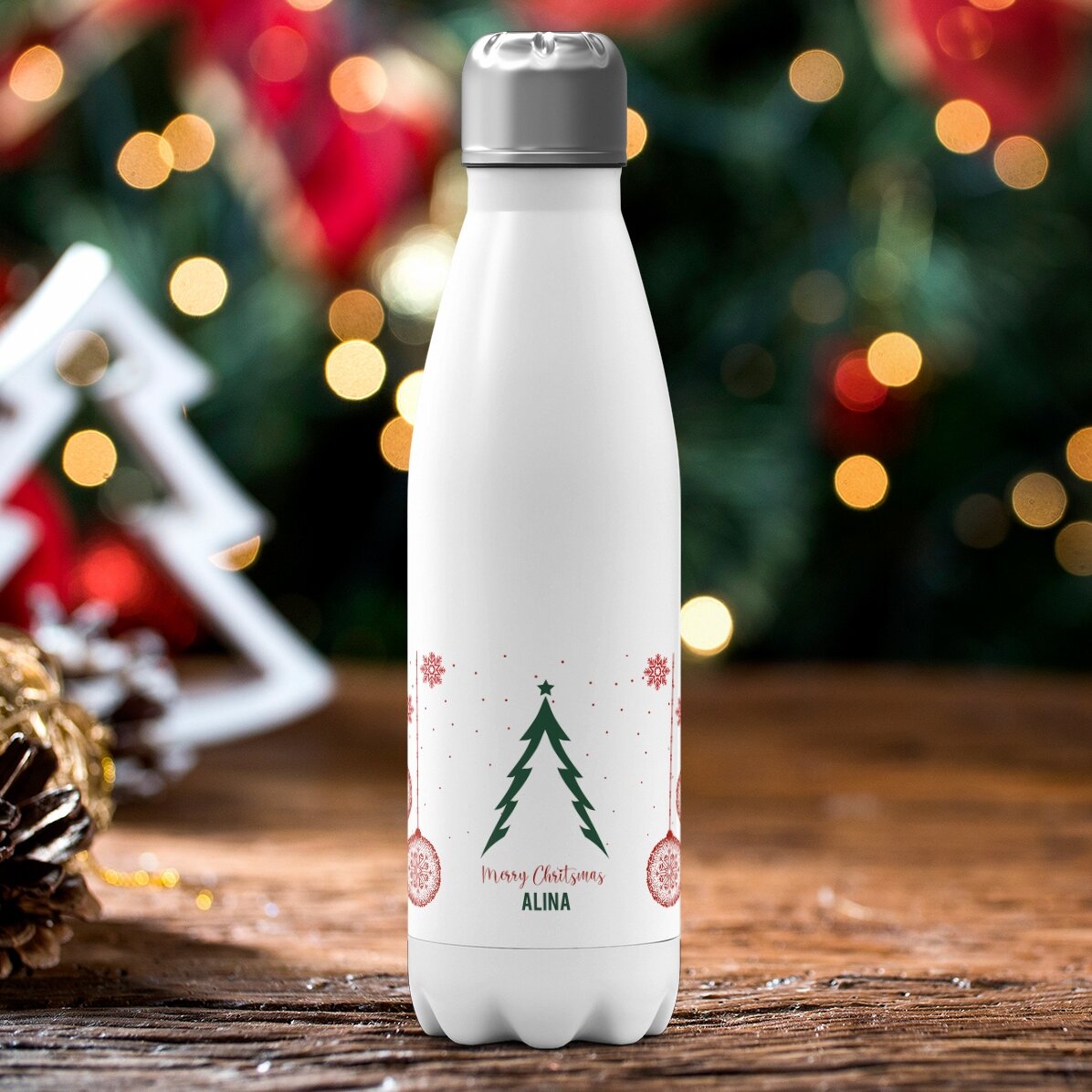 Thermos with white base personalised with text - Christmas tree