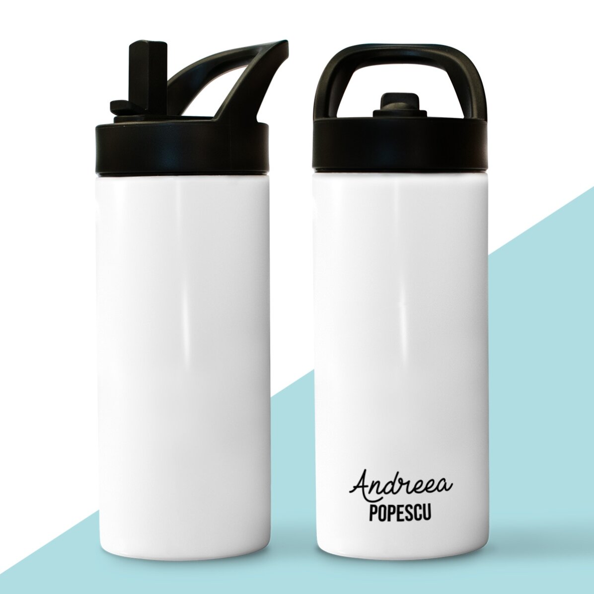 Thermos with handle and straw, personalised with 2 lines of text
