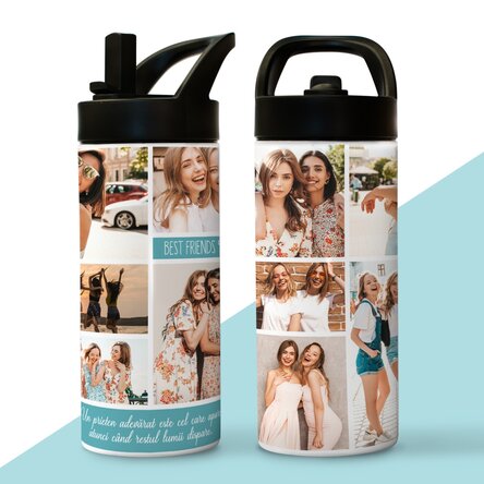 Thermos with handle and straw, personalised with a collage of photos and text