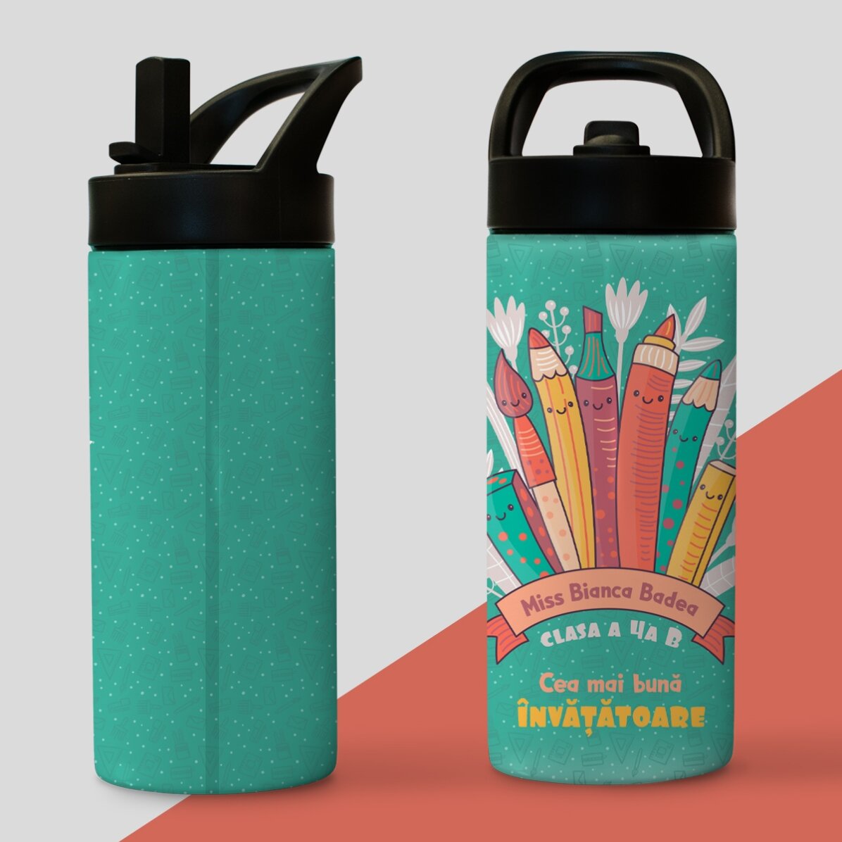 Thermos with handle and straw personalised with name - The best teacher