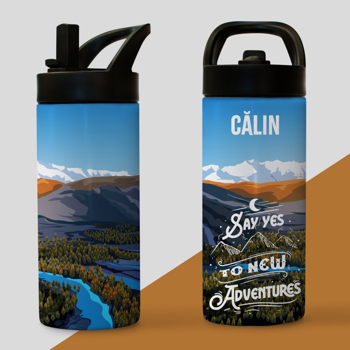 Thermos with handle and straw personalised with name - New adventures