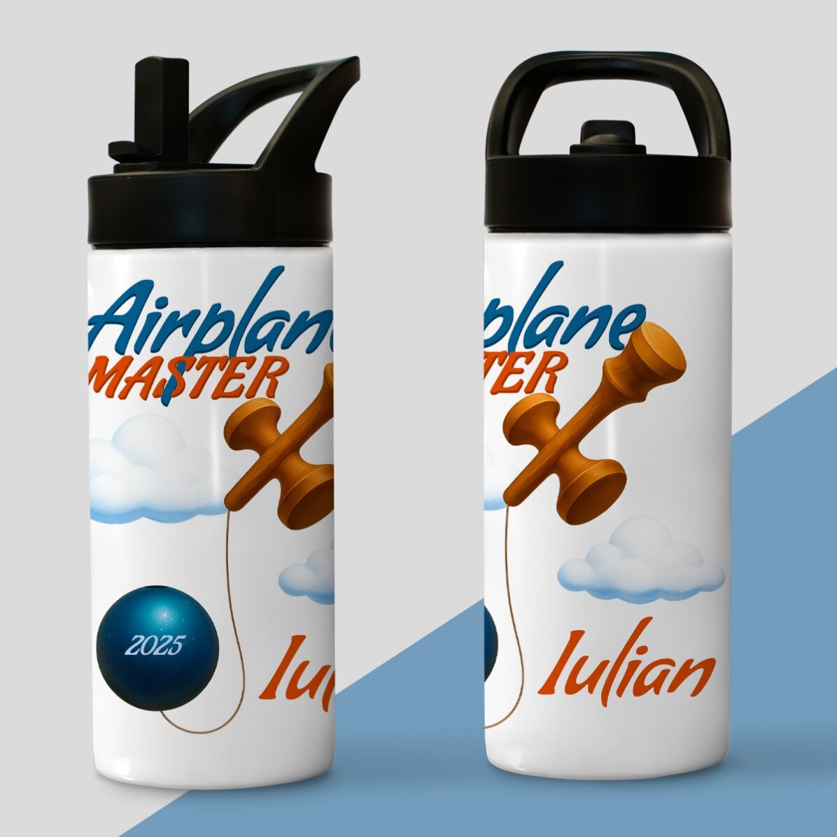 Thermos with handle and straw personalised with name for children - Airplane Master