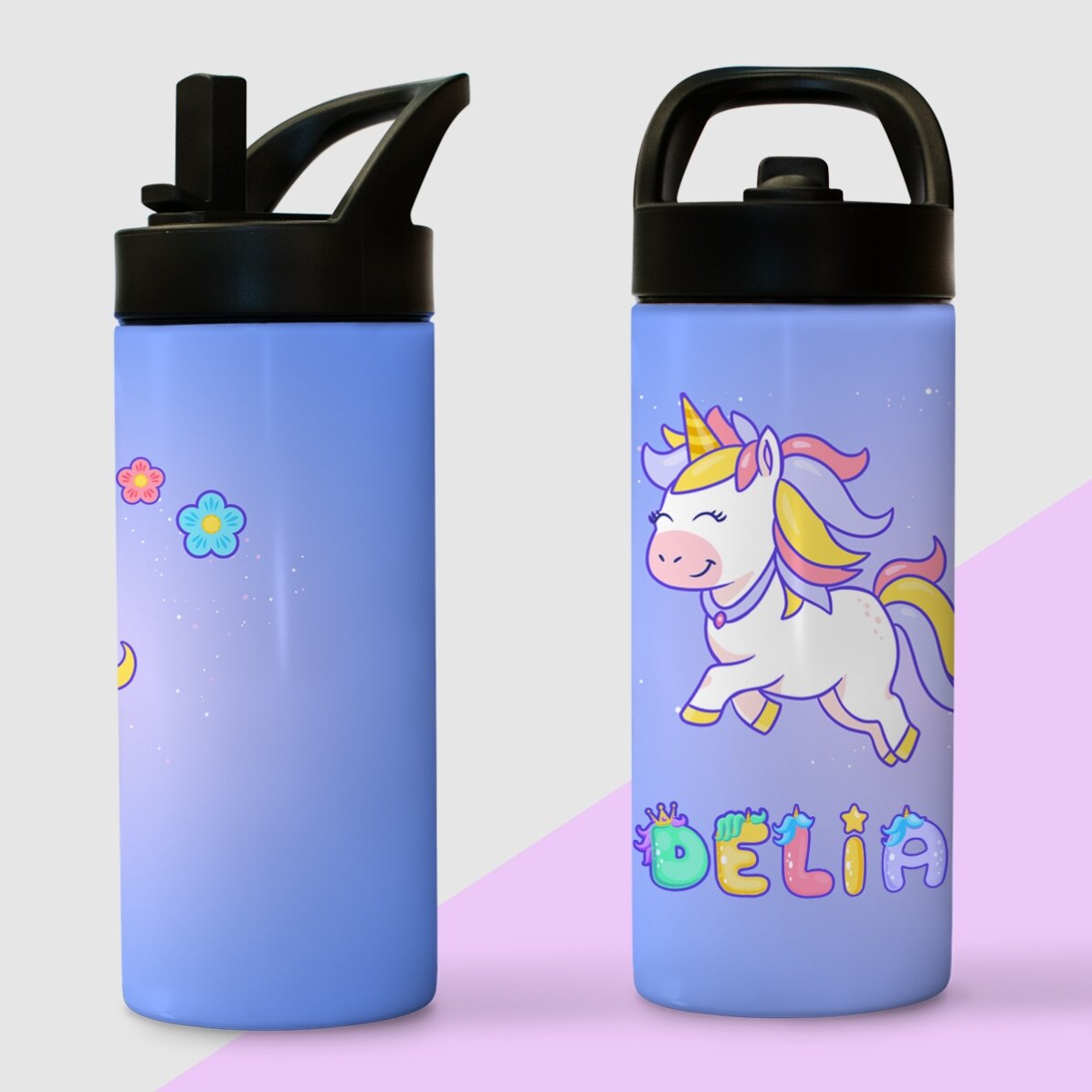 Thermos with handle and straw personalised with name - Unicorn
