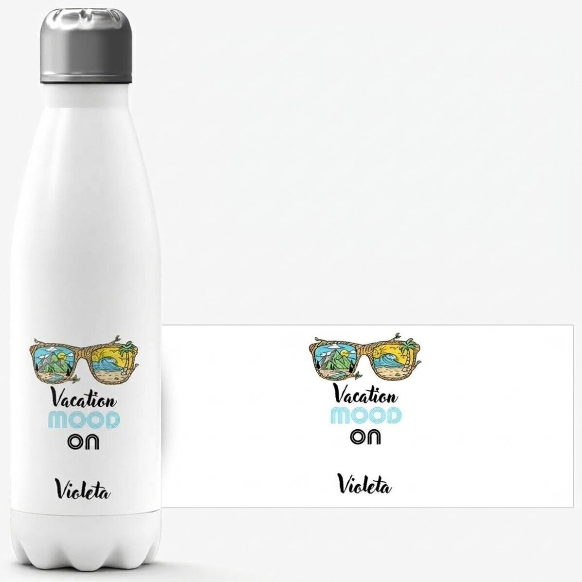 Thermos with white base personalised with name - Vacation mood ON