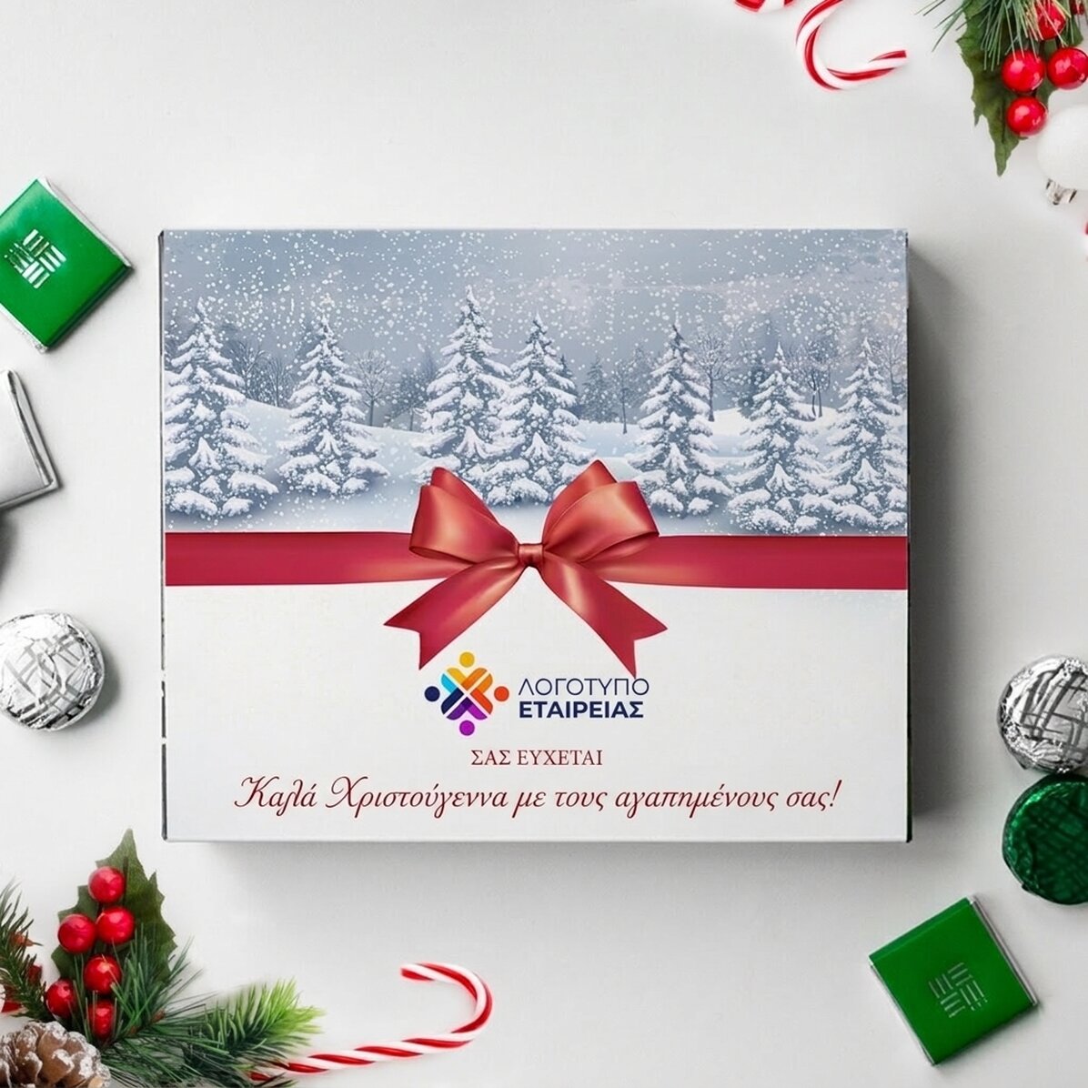Προσαρμοσμένο κουτί με καραμέλες με λογότυπο και κείμενο - Καλά Χριστούγεννα!