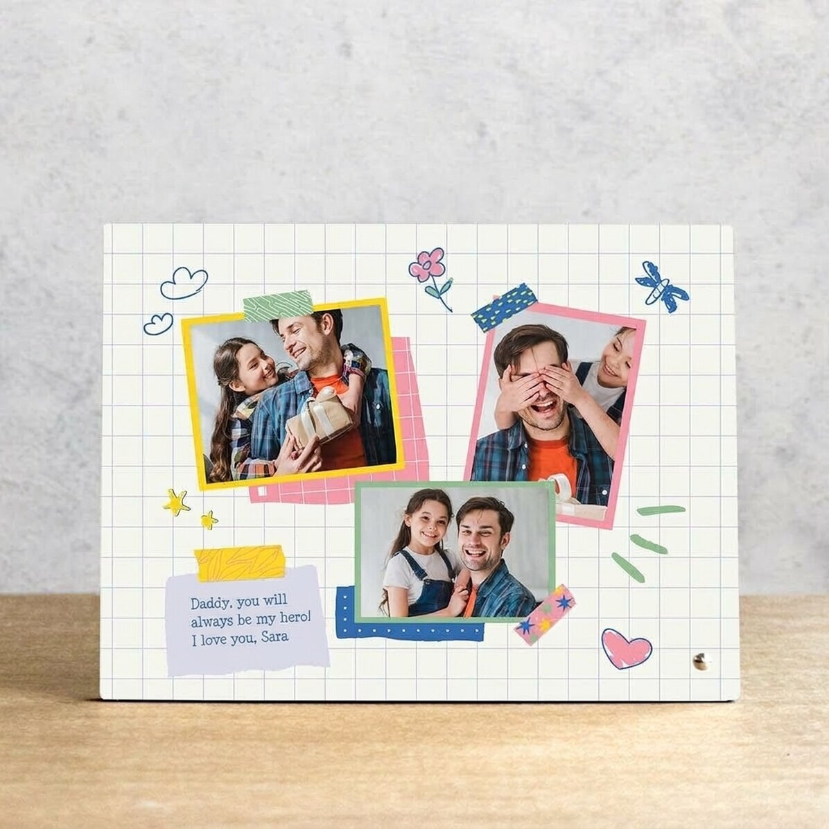 Personalised desk photo frame with 3 photos and message - Dad, my hero