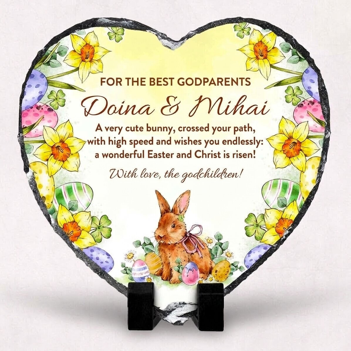Προσωποποιημένη πλάκα σχήματος καρδιάς με μήνυμα και φωτογραφία για τους νονούς – Καλό Πάσχα