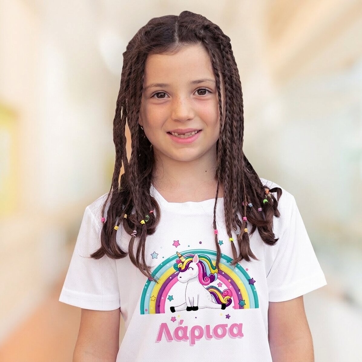Παιδικό αθλητικό μπλουζάκι με το όνομά του - Μονόκερος και ουράνιο τόξο