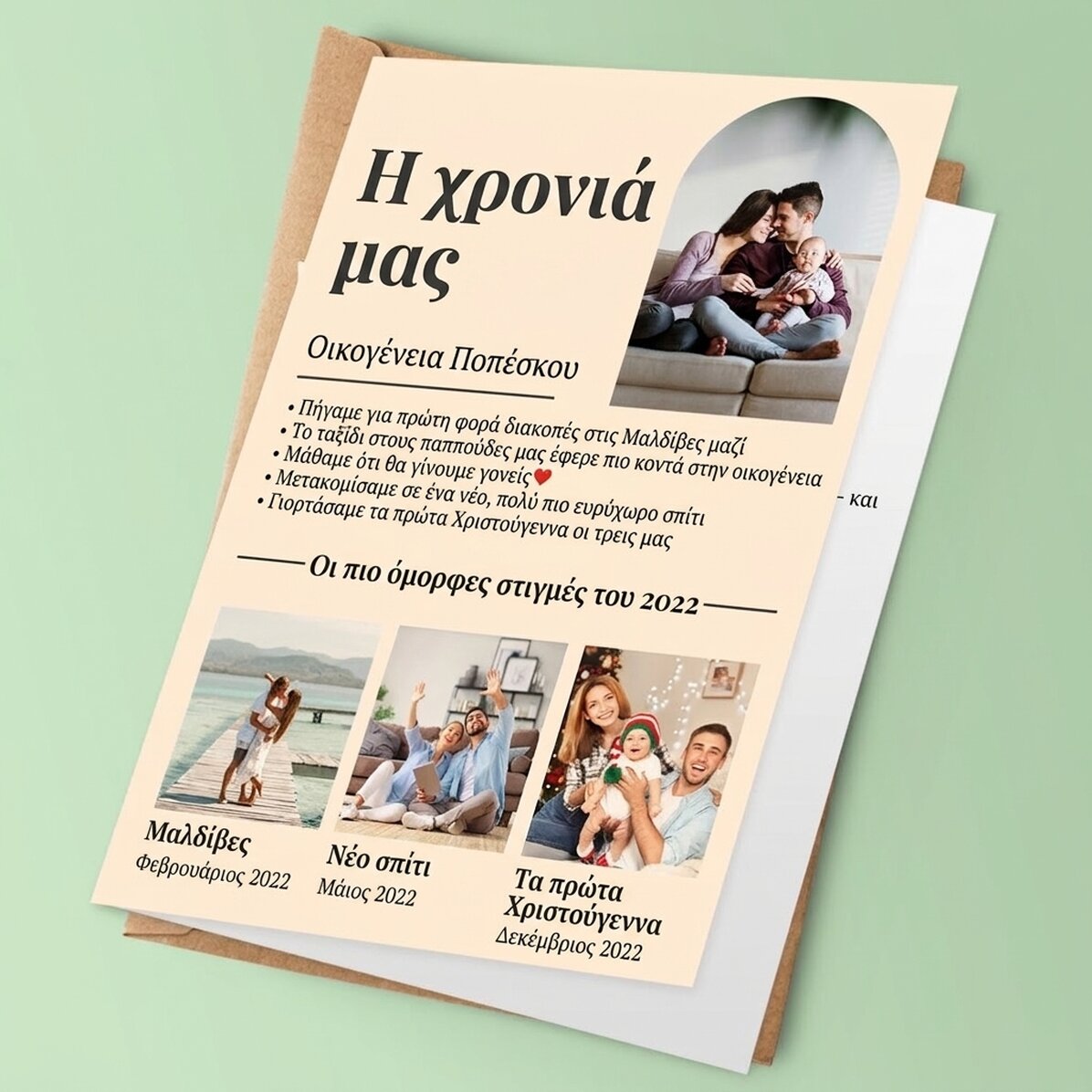 Εξατομικευμένη ευχετήρια κάρτα με 4 οικογενειακές φωτογραφίες και κείμενο - Η χρονιά μας σε εικόνες