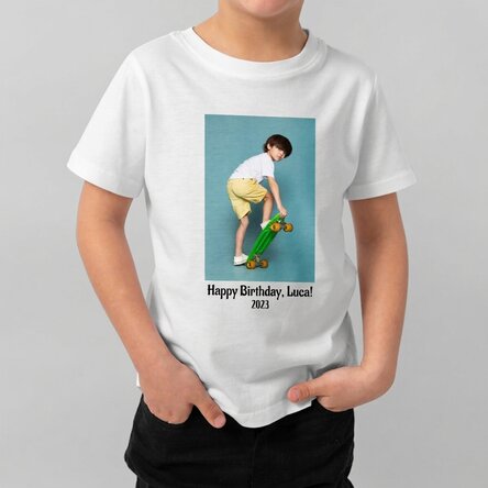 Customised cotton T-shirt for children with a portrait photo and text