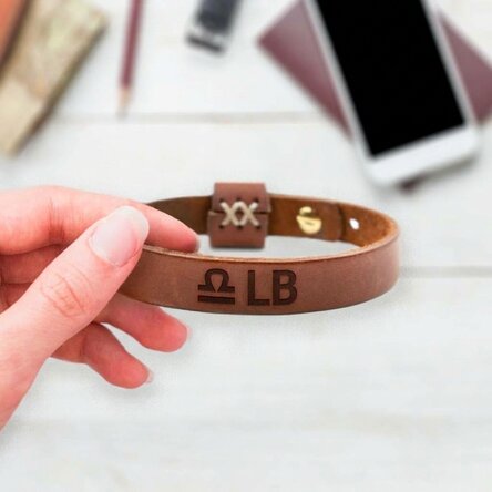 Personalised leather bracelet with initials and Libra zodiac sign