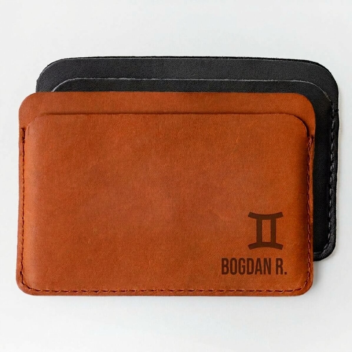 Personalised leather wallet with name and Gemini zodiac sign