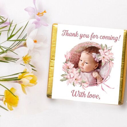 Personalised mini chocolate baptism favour with photo and text - Pink