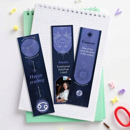 Set of 3 personalised bookmarks with message and photo - Cancer Zodiac Sign