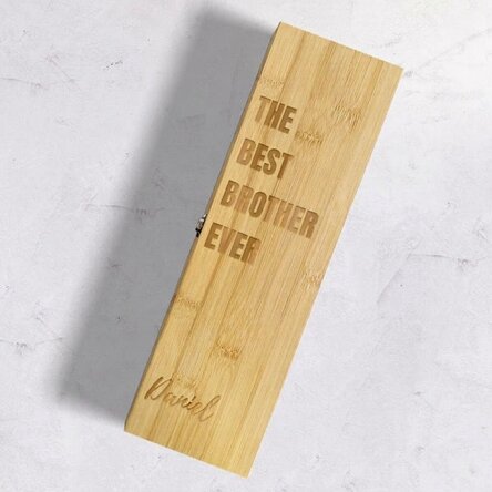 Bamboo wine box with accessories personalised with a message - the best brother ever