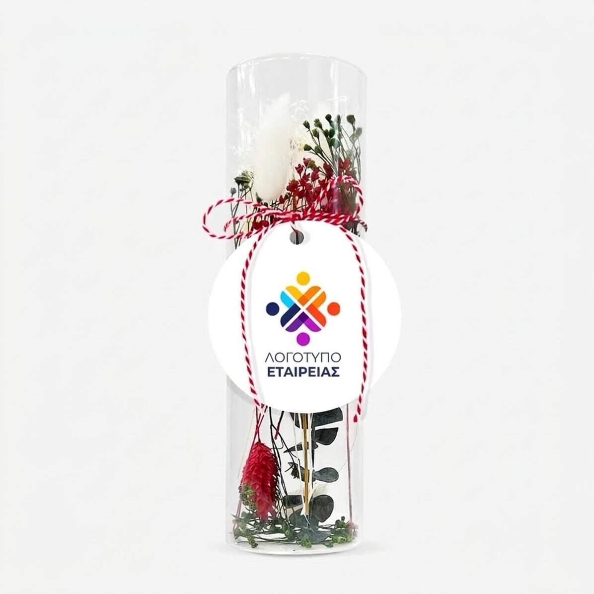 Γυάλινο διακοσμητικό «martisor» με αποξηραμένα λουλούδια, εξατομικευμένο με λογότυπο