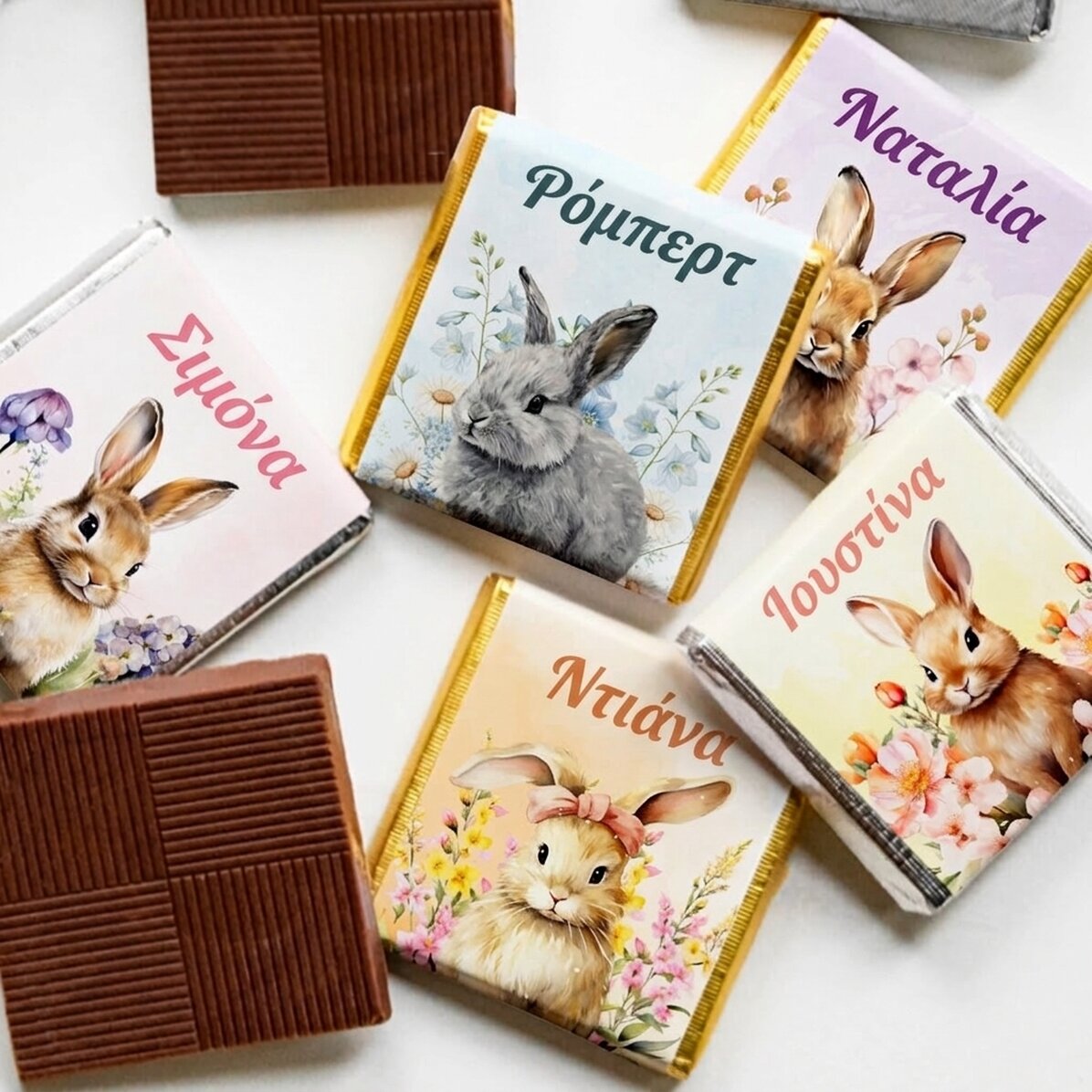Σετ 5 μίνι σοκολατάκια με εξατομικευμένο κείμενο - Πασχαλινά λαγουδάκια