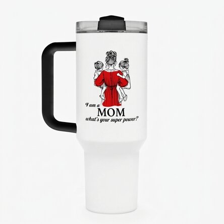 Thermos mug with handle and straw, personalised with message - Mom
