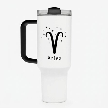 Thermos mug with handle and straw, personalised with text - Aries zodiac sign