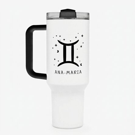 Thermos mug with handle and straw, personalised with text - Gemini