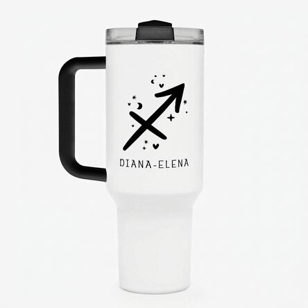 Thermos mug with handle and straw, personalised with text - Sagittarius