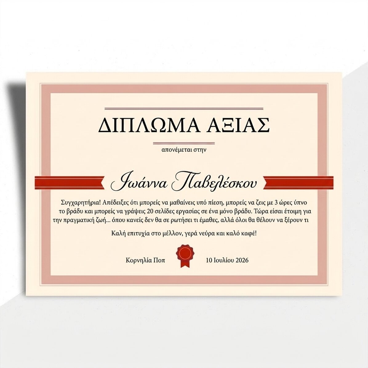Προσωποποιημένο πτυχίο με κείμενο - Πτυχίο αριστείας