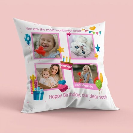 Personalised cushion with 4 photos and message - Happy Birthday, children