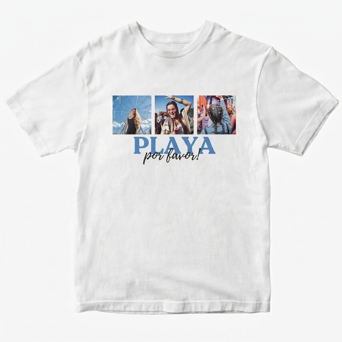 Personalised cotton T-shirt with 3 photos and message - Beach, please!