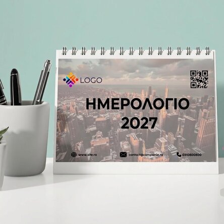 Προσαρμοσμένο επιτραπέζιο ημερολόγιο με λογότυπο, φωτογραφίες, κείμενο και QR