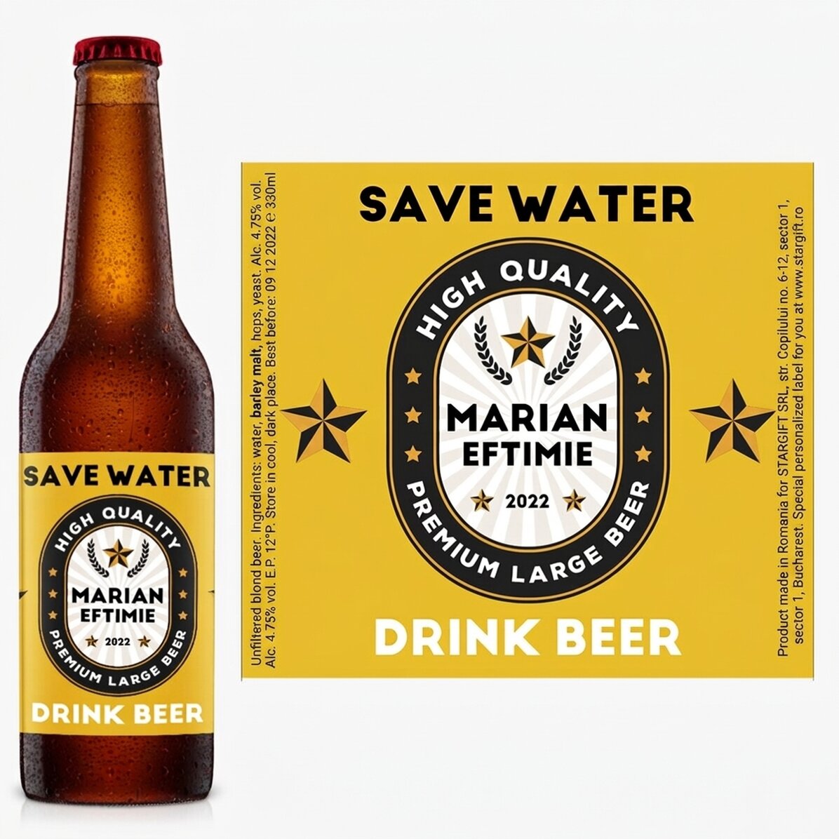 Προσωποποιημένη μπύρα με κείμενο - Save water drink beer